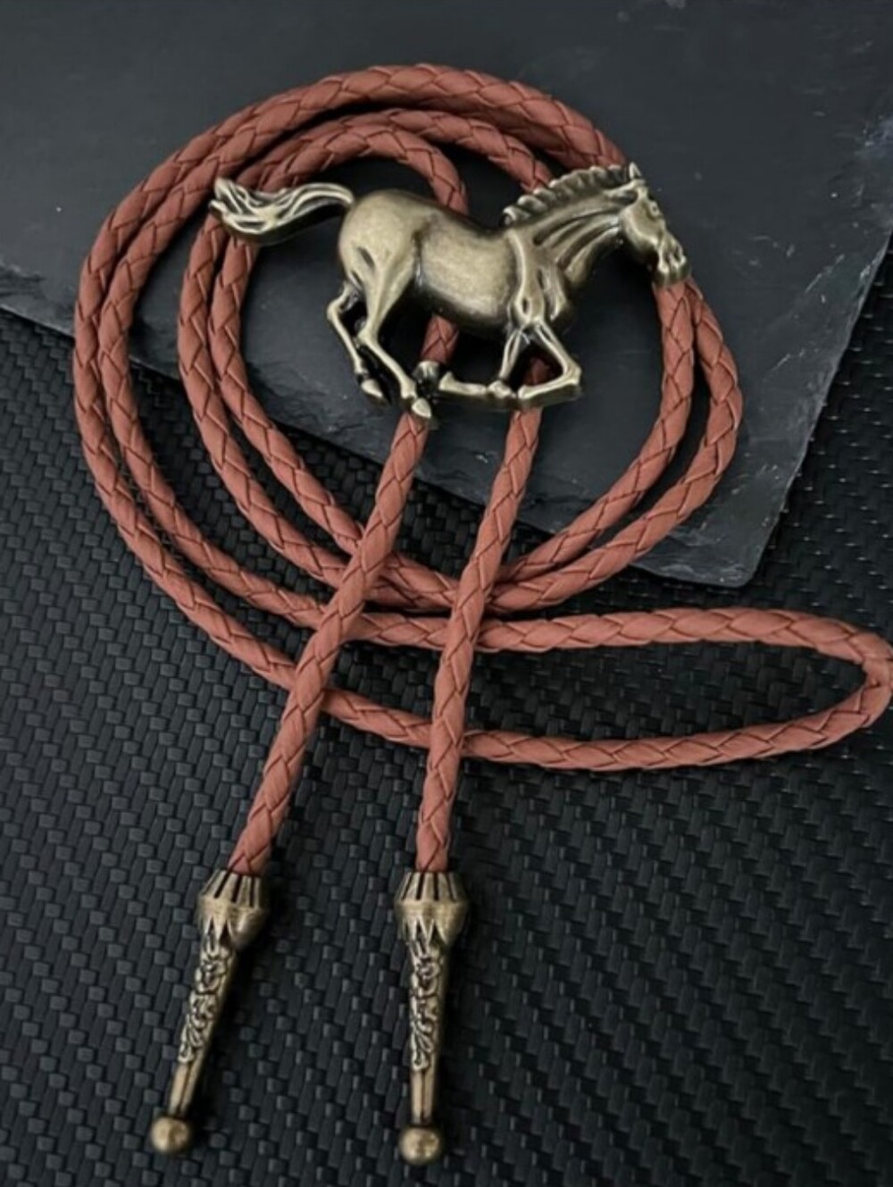 NWT Western Running Horse Bolo Tie Vintage Bronze Cowboy Leather Necktie Boho